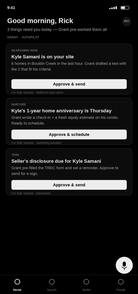 AGNT AI app — Grant shows the finished work waiting for your go-ahead